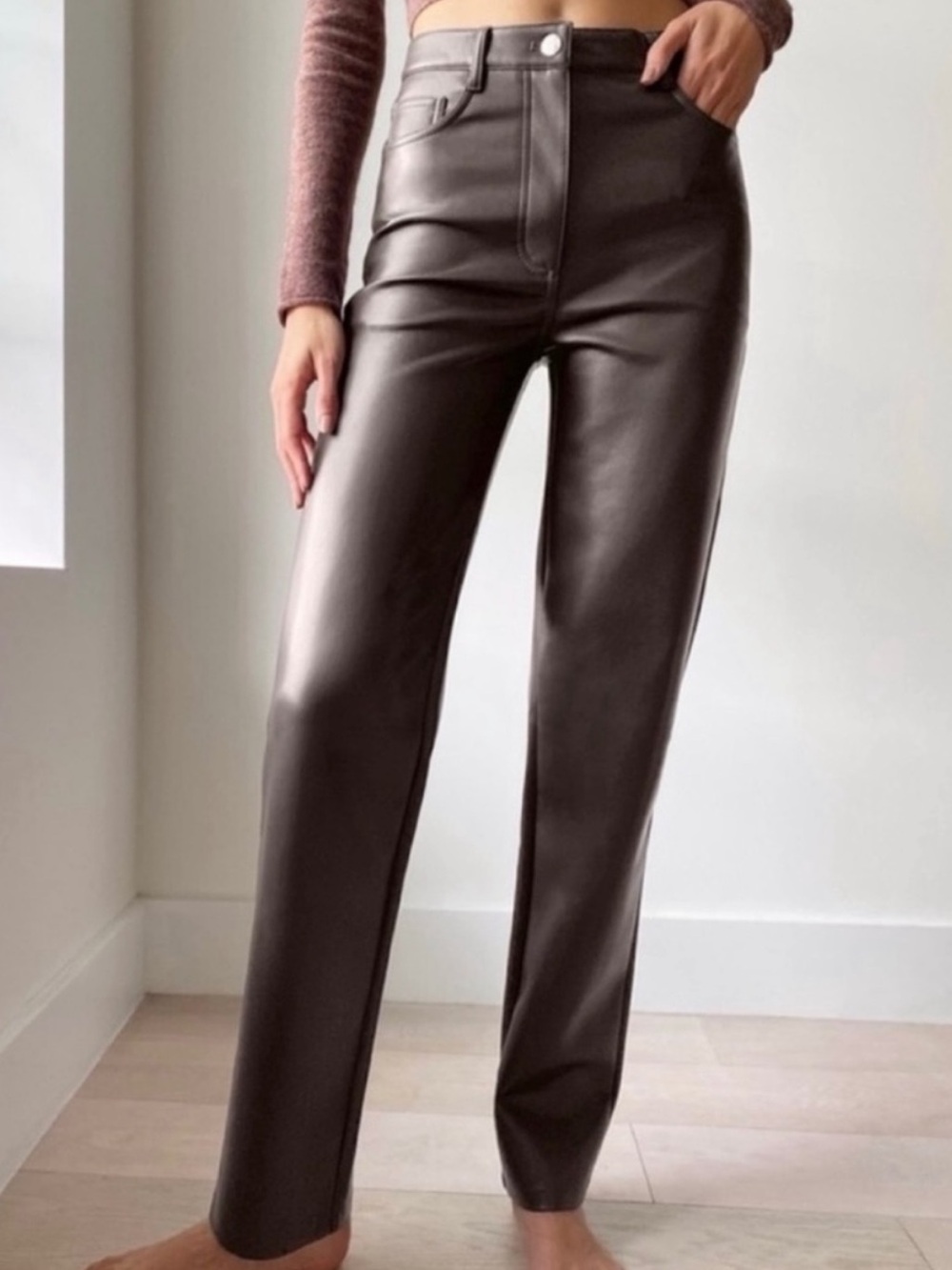 Aritiza The Melina High Rise Straight Leg Pant rich chocolate brown faux leather